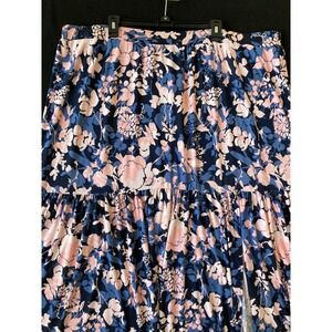 Lane Bryant Women 26/28 Navy Pink Floral Tiered Maxi Skirt with Slit NWT